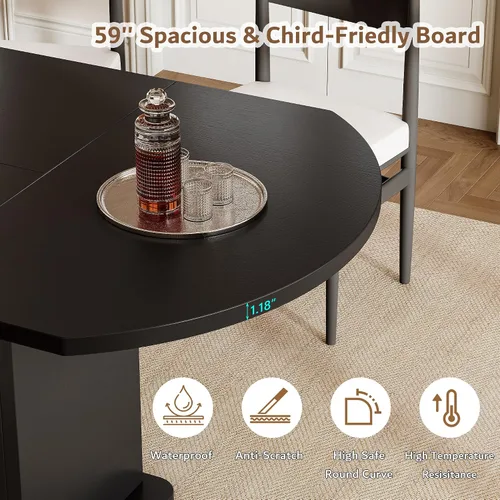 Vista 6 de iPormis Mesa de Comedor Redonda Extensible para 4-6, Mesa de Cocina Moderna de 59'', con Estante de Almacenamiento de 2 Niveles, Puerta de Madera