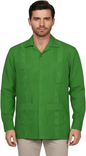 Vista 7 de NE PEOPLE Camisa de manga larga bordada con botones de guayabera cubana para hombre (S-4XL)