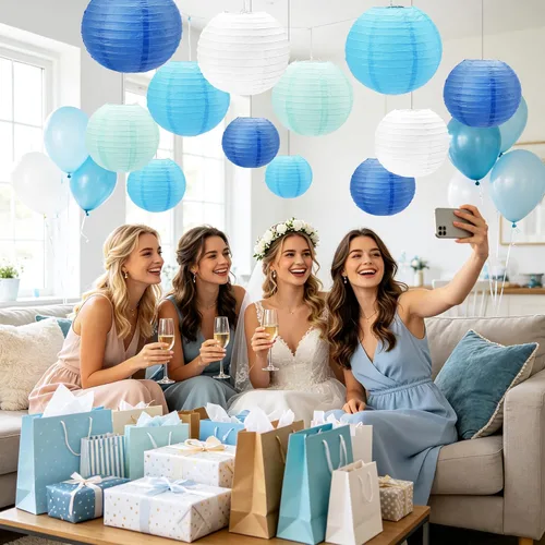 Vista 4 de 12 linternas de papel azules, faroles de papel de 10 pulgadas, decoraciones de fiesta azules para bodas, verano, cumpleaños, hogar, temática