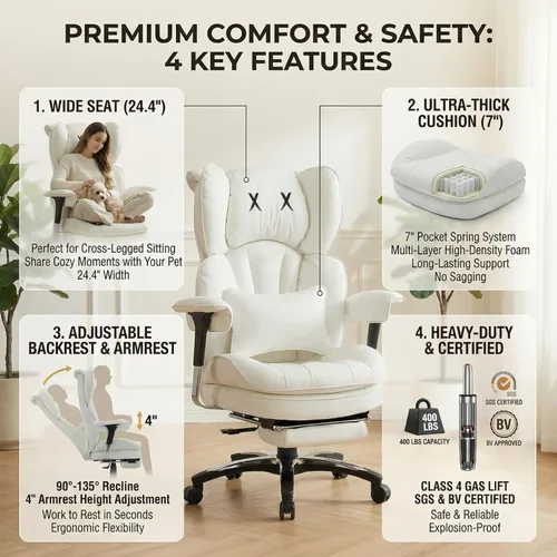 Vista 3 de Efomao Silla de oficina blanca grande y alta con reposapiés, silla ergonómica de respaldo alto para computadora con reposabrazos ajustables, asiento