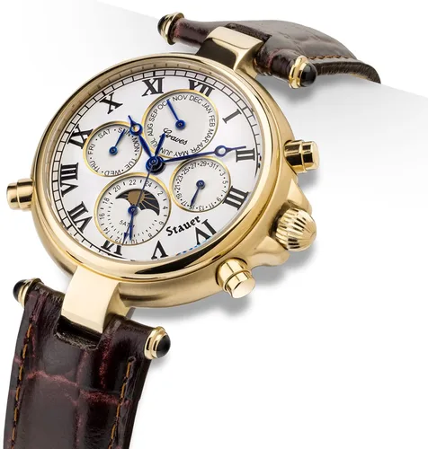 Vista 3 de Stauer Reloj de pulsera Graves '33 con acabado dorado – Reloj automático para hombre con carcasa dorada de 1.535 in – Reloj de fase lunar con correa