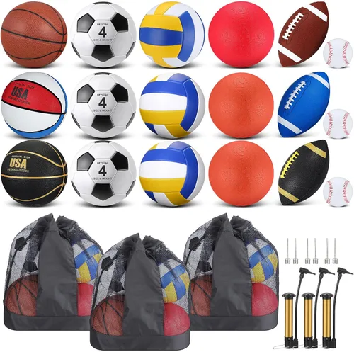Vista 7 de Leyndo Juego de 18 pelotas deportivas para niños, tamaño oficial, baloncesto, fútbol, fútbol, parque infantil, voleibol, béisbol, equipo deportivo