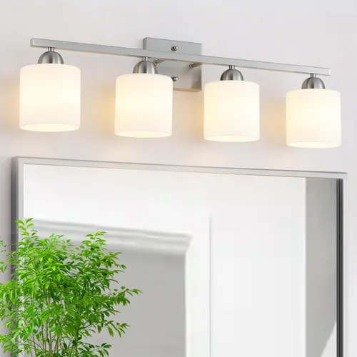 Vista 24 de Mecgirn Luces de tocador de vidrio de leche de acero inoxidable para baño, 2 lámparas cromadas de baño sobre espejo, enchufes E26 de cerámica