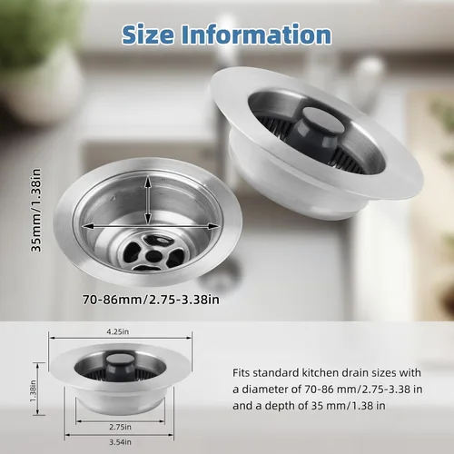 Vista 2 de Colador universal de acero inoxidable 3 en 1 para fregadero de cocina, tapón emergente para fregadero, cesta coladora para fregadero de cocina