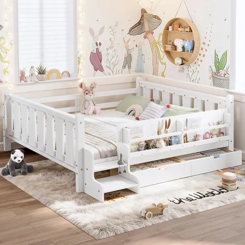 Vista 14 de Cama Montessori de tamaño matrimonial con estantería, cajones de Natural
