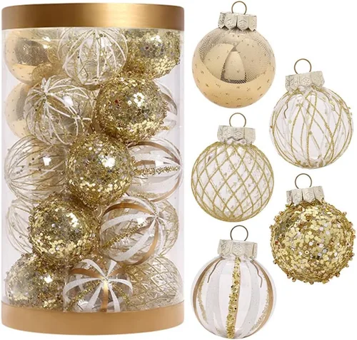 Vista 8 de 25 bolas de Navidad de 2.36 pulgadas, inastillables, adornos colgantes para árbol de Navidad, decoraciones de Navidad, color negro y dorado