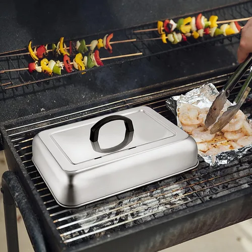 Vista 7 de Leonyo Cubierta de parrilla de 13 x 9 pulgadas para barbacoa, tapa rectangular de acero inoxidable para parrilla al aire libre, cubierta de metal
