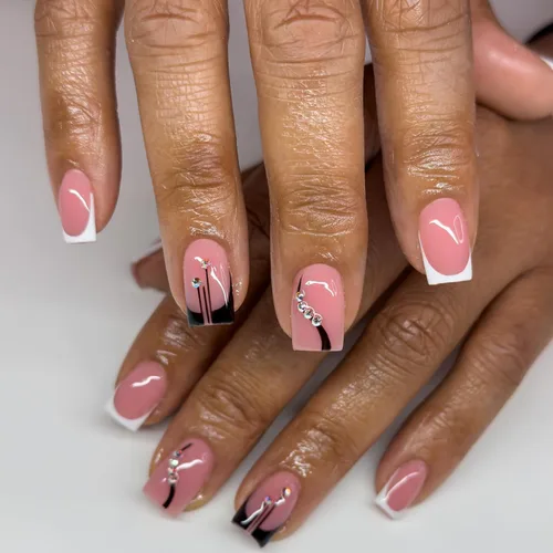 Vista 3 de Uñas postizas a presión de punta francesa, uñas postizas cuadradas blancas, uñas postizas cortas negras con diamantes de imitación, diseños