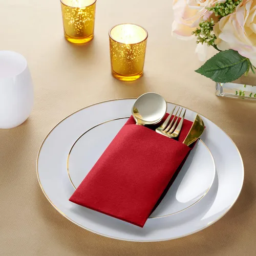Vista 2 de Paquete de 50 servilletas desechables de lino con bolsillo integrado para cubiertos, color rojo brillante, como servilletas de papel para Navidad