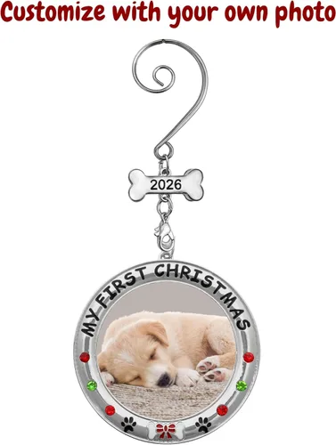 Vista 2 de My First Christmas - Adorno personalizado para foto de perro – 2025 con fecha – Adorno personalizado para cachorro – Joyas, dije de hueso fechado
