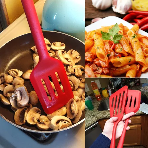 Vista 7 de Juego de 4 espátulas de silicona, espátula de silicona para uso en cocina, espátula ranurada para huevos, panqueques (rojo)