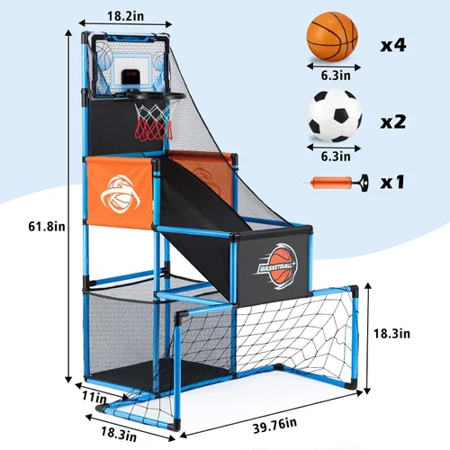 Vista 8 de Juego de Arcade de Baloncesto y Portería de Fútbol 2 en 1 para Niños, Aro de Baloncesto Ajustable para Niños con 6 Pelotas y Bomba