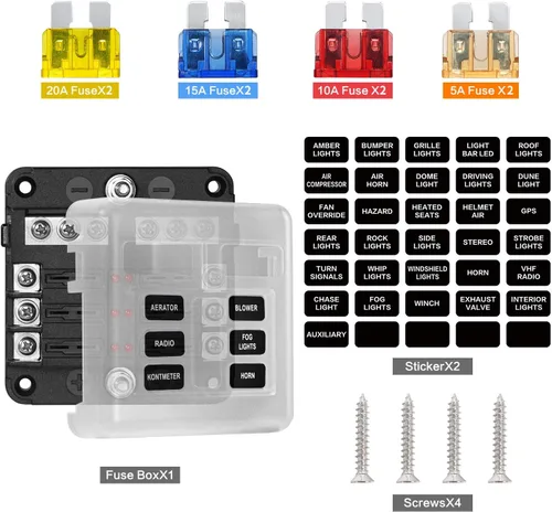 Vista 3 de Bloque de fusibles de 6 vías, fusible de hoja de 12 V, 6 circuitos, ATC/ATO, impermeable, soporte para caja de fusibles con indicador LED, cubierta