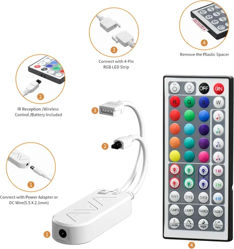 Vista 4 de PAUTIX Tira de luz LED RGB controlador inteligente inalámbrico, control remoto de 44 teclas y control de aplicación, sincronización de música