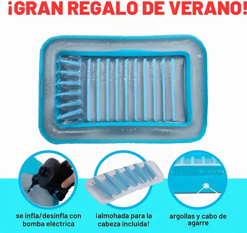 Vista 3 de Flotador inflable azul para tumbona de bronceado – Piscina personal con almohada – 13 años +
