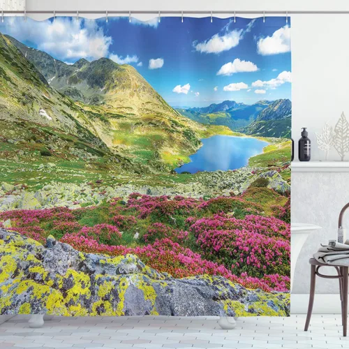 Vista 69 de Ambesonne Cortina de ducha a rayas, código de barras, software de datos, obra de arte lineal, unidimensional, juego de decoración de baño de tela