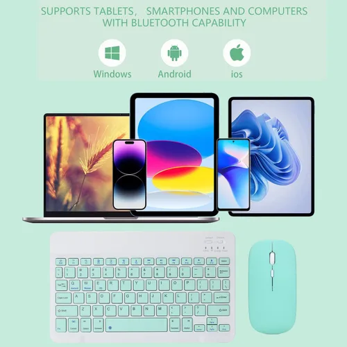Vista 2 de Juego de teclado y mouse inalámbricos inalámbricos recargables con Bluetooth, teclado compacto y portátil ultrafino para Verde