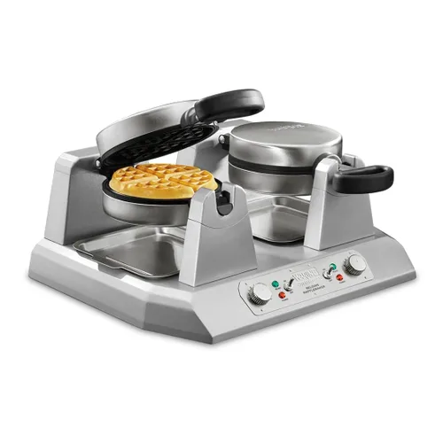 Vista 2 de Waring Waffles belga comercial WW250X doble lado a lado, platos de cocina antiadherentes recubiertos, produce 50 gofres por hora, 120 V, 2400 W