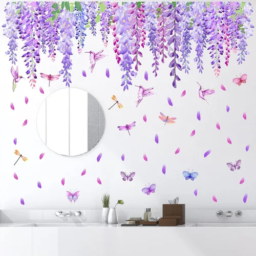 Vista 6 de Calcomanías de pared de flores moradas de acuarela, calcomanías de ventana