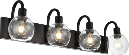 Vista 16 de Luz de tocador de baño con vidrio esmerilado en forma de globo de 2 luces, aplique de pared industrial negro para vestíbulo o pasillo