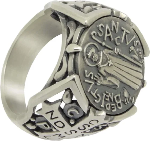 Vista 6 de St Benedict christian catholic ancient Sterling Silver 925 medal mens ring, Exorcism