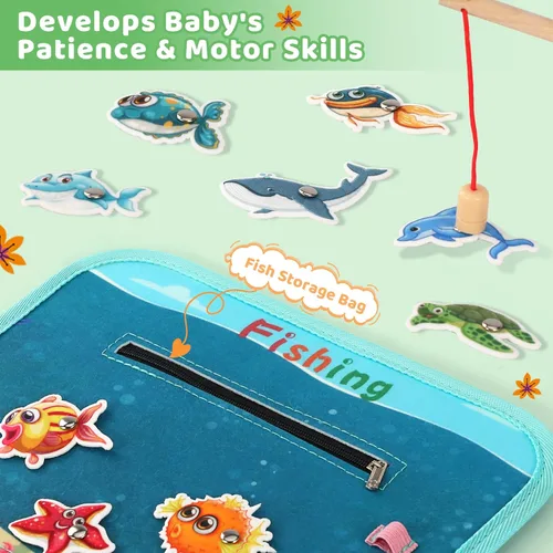 Vista 3 de Tabla de actividades para niños pequeños de 1 año, juguete Montessori, libro sensorial ocupado para niños de 1 a 3 años, juego de pesca, habilidades