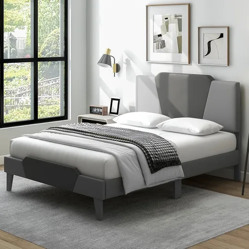 Vista 4 de GIANTEX Marco de cama tapizado de terciopelo completo con cabecero, cama de plataforma moderna con listones de madera fuertes y estribo de 2