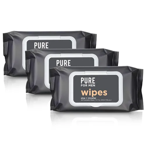 Vista 2 de Pure for Men Toallitas desechables Ayuda a eliminar el olor, 100% biodegradables, sin parabenos ni alcohol, vitamina E, micelar y aloe vera 48