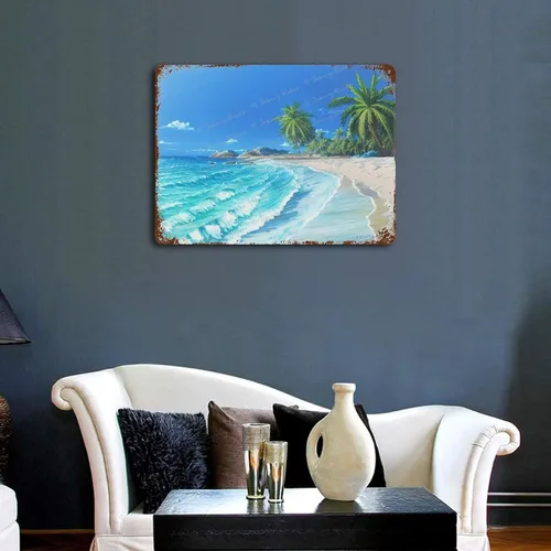 Vista 3 de Zomyto Letrero de metal con diseño de palmera de verano, imagen tropical de playa y mar y océano, pintura de paisaje marino, retro, para baño, sala
