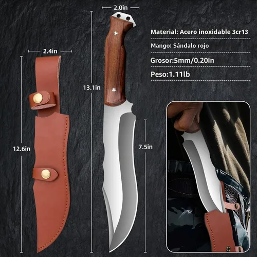 Vista 5 de Cuchillo de carnicero resistente con funda, cuchillos de chef, cortador de verduras, machete para cocina, al aire libre, campamento, barbacoa (7.5)