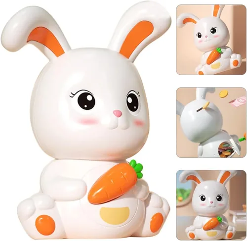 Vista 7 de Totority Banco de monedas de plástico para niños y niñas, adorable forma de conejo, para regalo de cumpleaños