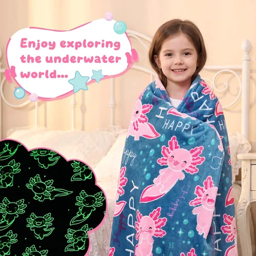 Vista 6 de ORDM Axolotl - Manta de regalo para niñas, manta que brilla en la oscuridad, juguete de ajolote, regalos de cumpleaños para niñas adolescentes