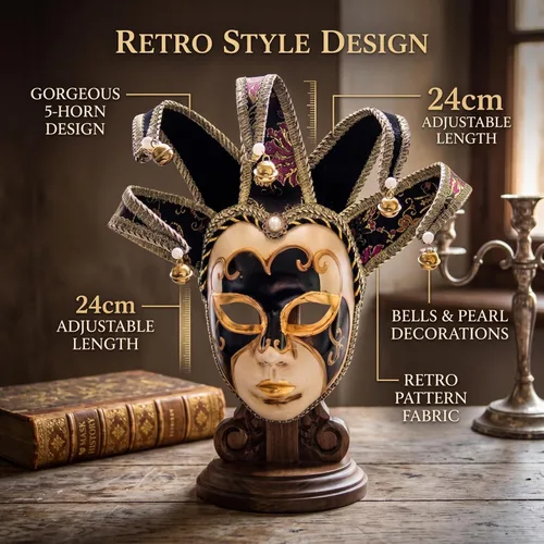 Vista 3 de Máscara de bufón, máscara veneciana de cara completa, máscaras para hombre con patrones dorados y campanas, color rojo Negro