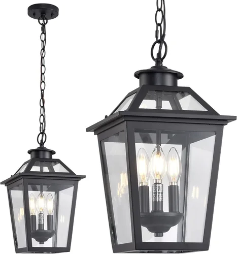Vista 9 de Lámpara colgante para exteriores, 3 luces colgantes para exteriores, lámpara colgante extra grande para exteriores con vidrio transparente