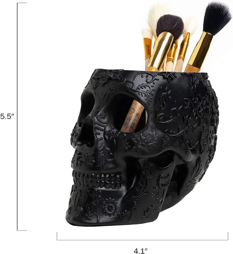 Vista 9 de Soporte para brochas de maquillaje de calavera, soporte para bolígrafos, tocador, escritorio, organizador de oficina, estacionario, maceta Negro
