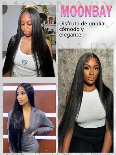 Vista 6 de MOONBAY Pelucas de cabello humano lacio con encaje frontal HD de 22 250 Color negro