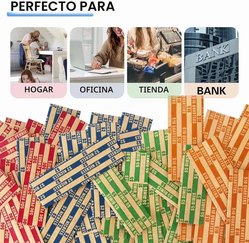 Vista 5 de ESSENTIAL - 100 envoltorios de monedas planos empaquetados surtidos Envoltura de rollos de monedas para cuartos, dimes, níquel, centavos