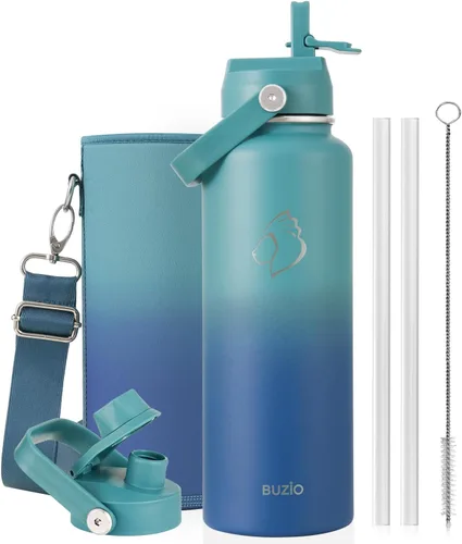 Vista 120 de BUZIO Botella de agua aislada de 24 oz, frasco de agua de boca ancha de acero inoxidable con tapa de pajita, frío durante 48 horas a prueba de Negro
