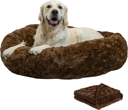 Vista 9 de Best Friends by Sheri The Original Calming Shag Donut Cuddler - Juego de cama para perros y gatos + manta para mascotas, color gris pardo, tamaño S