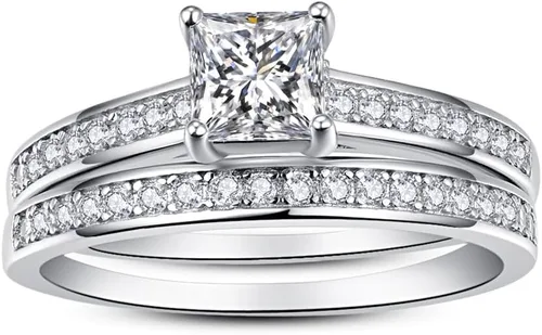 Vista 2 de AVECON Anillo de compromiso de corte princesa de 1.35 quilates de plata de ley 925 para mujer, juego de anillos de boda de circonita cúbica, tallas