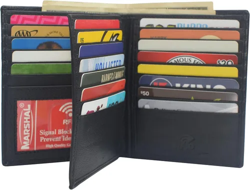 Vista 4 de Marshal Cartera plegable de cuero genuino con bloqueo RFID para hombres, ranuras para tarjetas, 2 compartimentos para billetes, ventanas