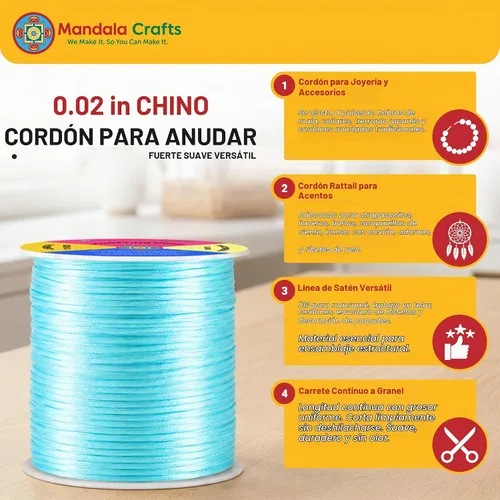 Vista 3 de Mandala Crafts Cordón de satén de cola de rattail de 0.02 in para nudos