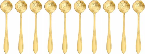 Vista 10 de Cuchara de flores de acero inoxidable de 10 piezas, cucharas creativas de postre doradas, cucharas de café, agitadores de café, cuchara de té