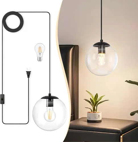 Vista 41 de KoKo&Yukina Luces colgantes modernas de globo de vidrio dorado de 6 pulgadas, paquete de 2 lámparas colgantes de vidrio transparente de mediados
