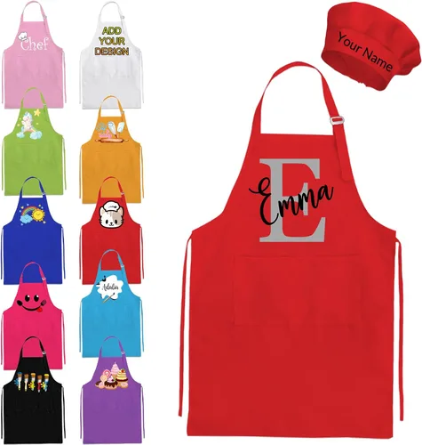 Vista 9 de Delantal personalizado para niños y sombrero de chef, delantal personalizado para niños con nombre, delantal de pintura personalizado, para cocinar