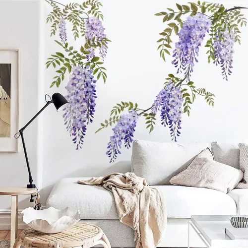 Vista 3 de Runtoo Pegatinas colgantes de flores moradas para pared, calcomanías de glicina floral para sala de estar, dormitorio, decoración de pared de bebé