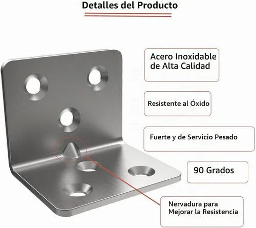 Vista 3 de Soporte de esquina de acero inoxidable plateado, soporte de ángulo recto de unión, soporte de esquina en L de metal resistente para estante