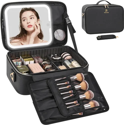 Vista 14 de Relavel Estuche de maquillaje con espejo LED, 01-Negro, Bolsa de maquillaje de viaje con espejo LED para niñas Compact Cosmetic Makeup Organizer