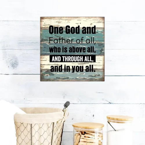 Vista 2 de SILYHEART One God and Father of All Wood Framed Sign Hanging Wall Art Sign Classic Lettering Quotes Wood Wall Hanging Decoration for Bedroom Living