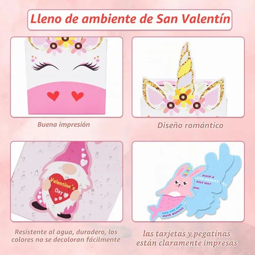 Vista 5 de Cajas de San Valentín, 33 tarjetas de unicornio para el día de San Valentín y buzón de San Valentín para intercambio de suministros de fiesta